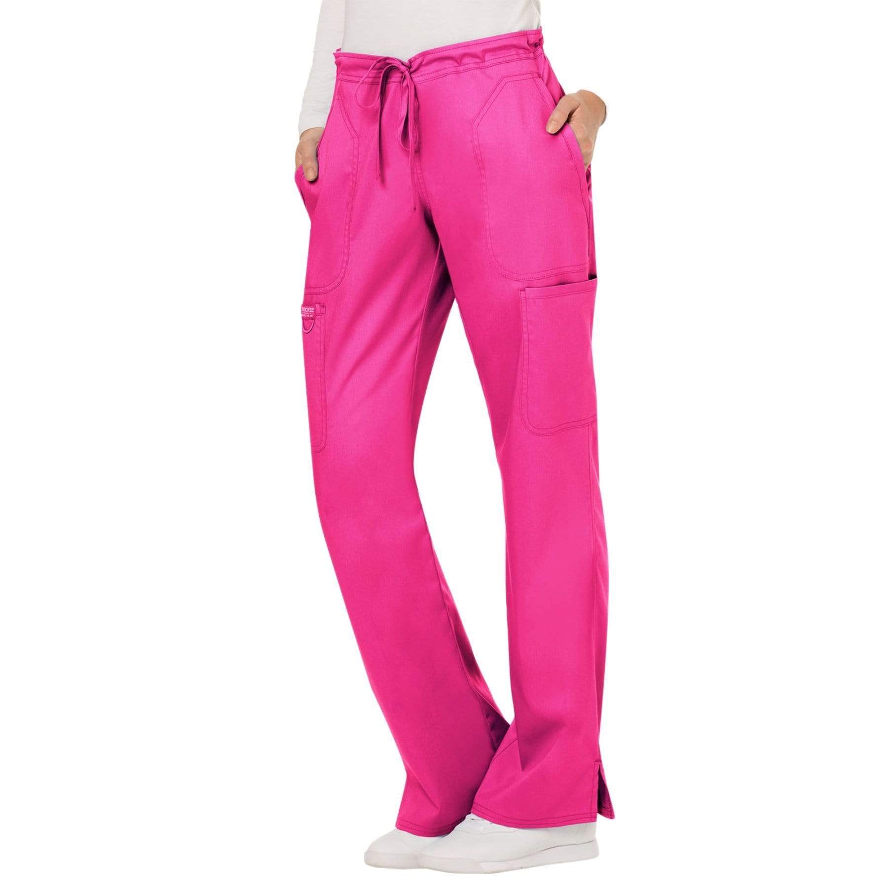 Cherokee Scrubs Pants Cherokee Workwear Revolution WW120 Scrubs Pants Womens Mid Rise Flare Drawstring Electric Pink