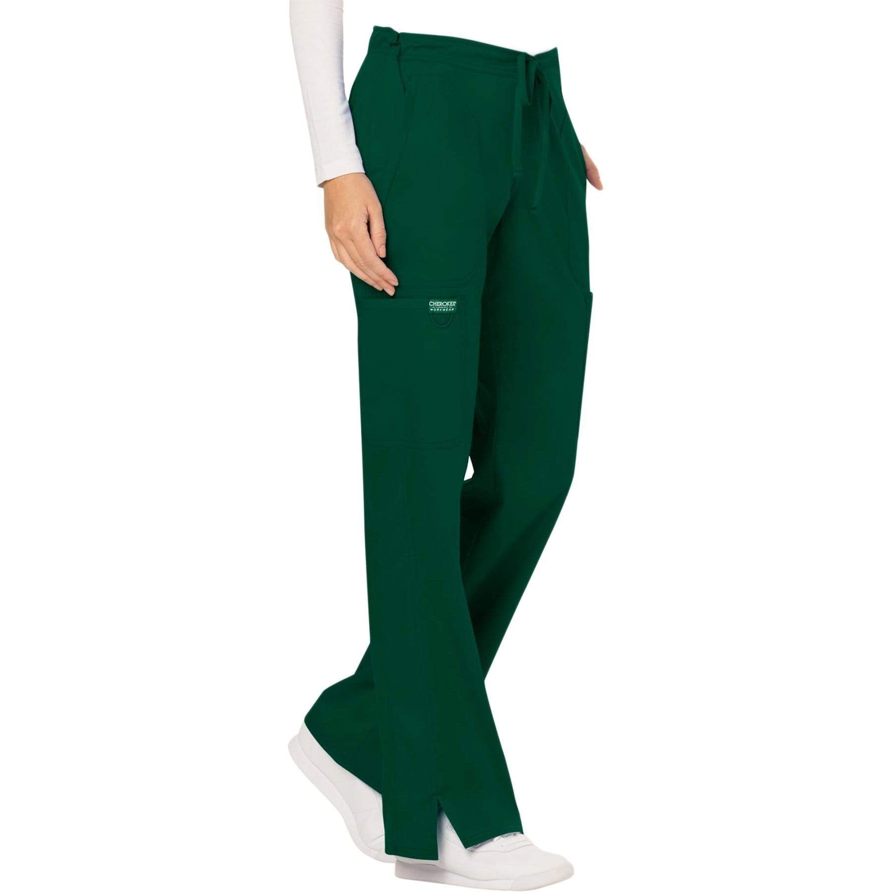 Cherokee Scrubs Pants Cherokee Workwear Revolution WW120 Scrubs Pants Womens Mid Rise Flare Drawstring Hunter Green