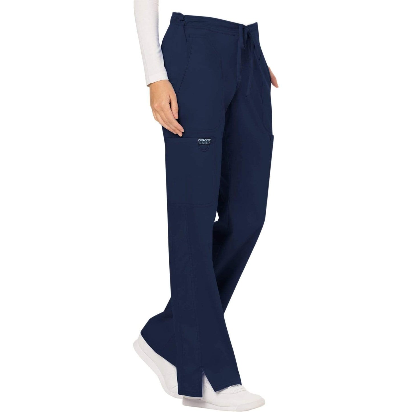 Cherokee Scrubs Pants Cherokee Workwear Revolution WW120 Scrubs Pants Womens Mid Rise Flare Drawstring Navy