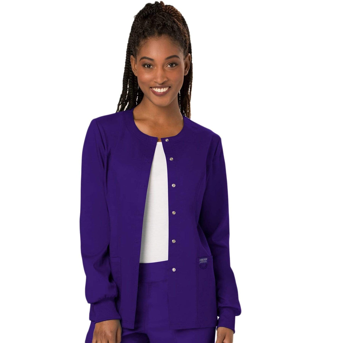 Cherokee Scrubs Jacket Cherokee Workwear Revolution WW310 Scrubs Jacket Womens Snap Front Warm-up Grape