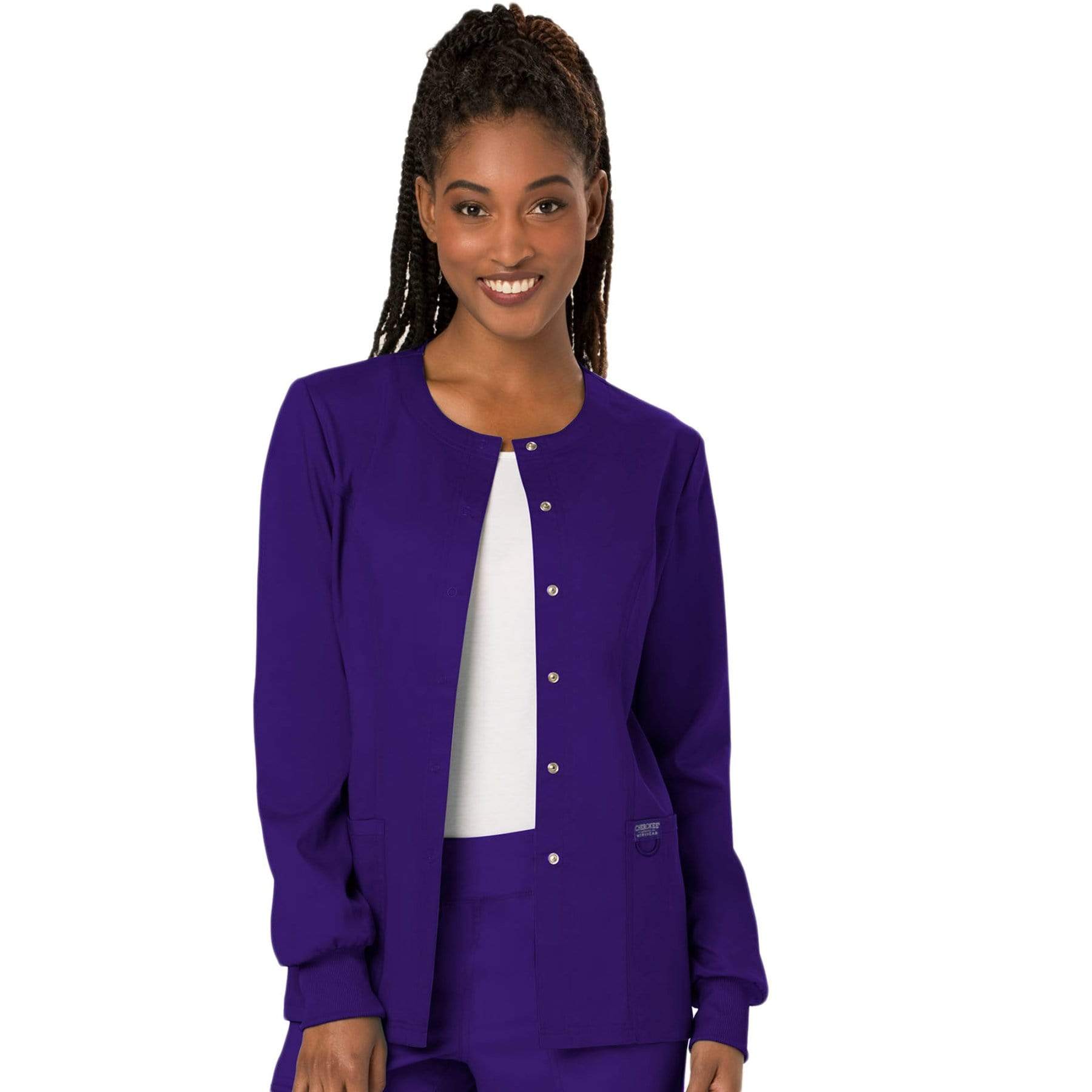Cherokee Scrubs Jacket Cherokee Workwear Revolution WW310 Scrubs Jacket Womens Snap Front Warm-up Grape