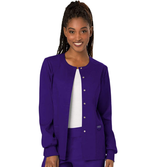 Cherokee Scrubs Jacket Cherokee Workwear Revolution WW310 Scrubs Jacket Womens Snap Front Warm-up Grape