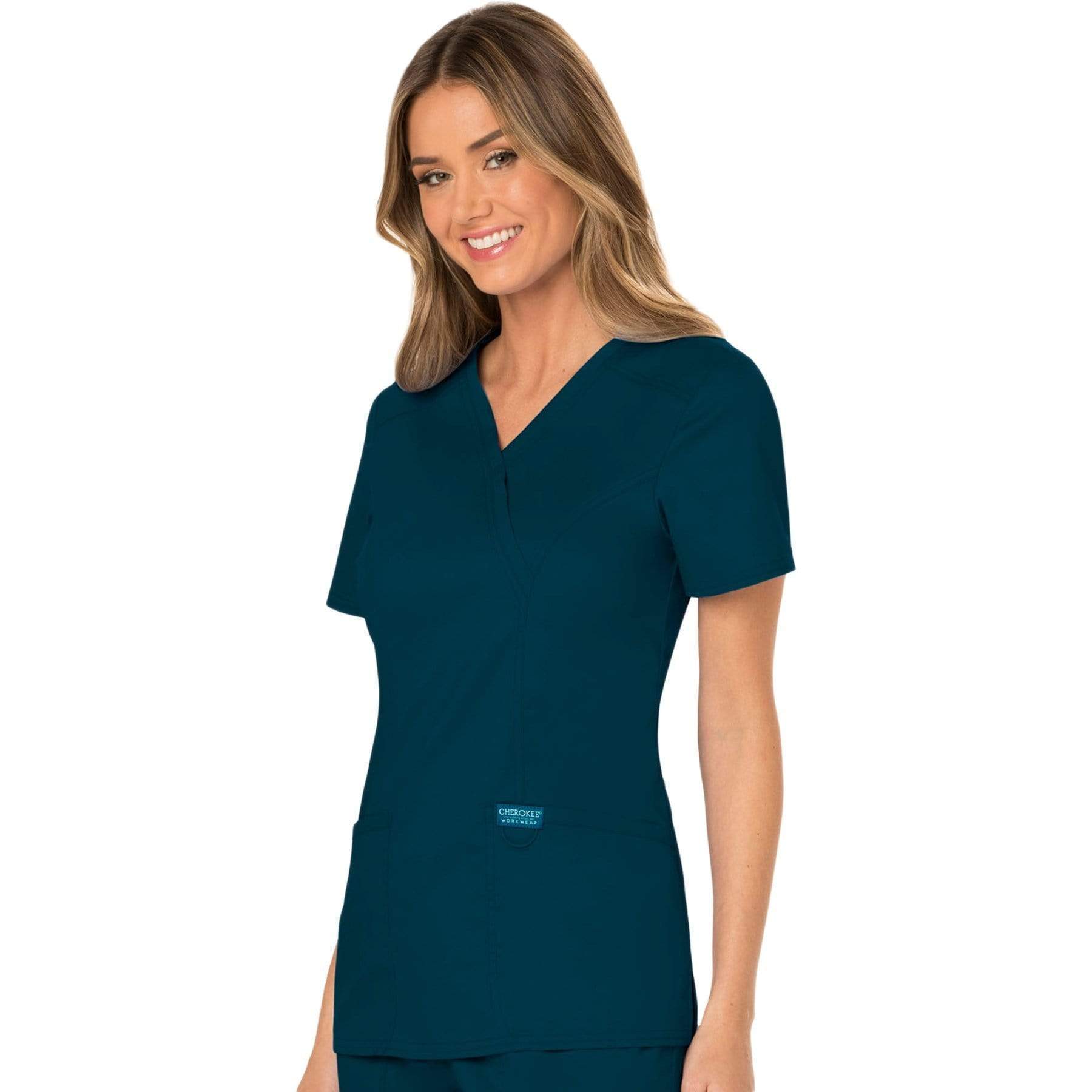 Cherokee Scrubs Top Cherokee Workwear Revolution WW610 Scrubs Top Womens Mock Wrap Caribbean Blue