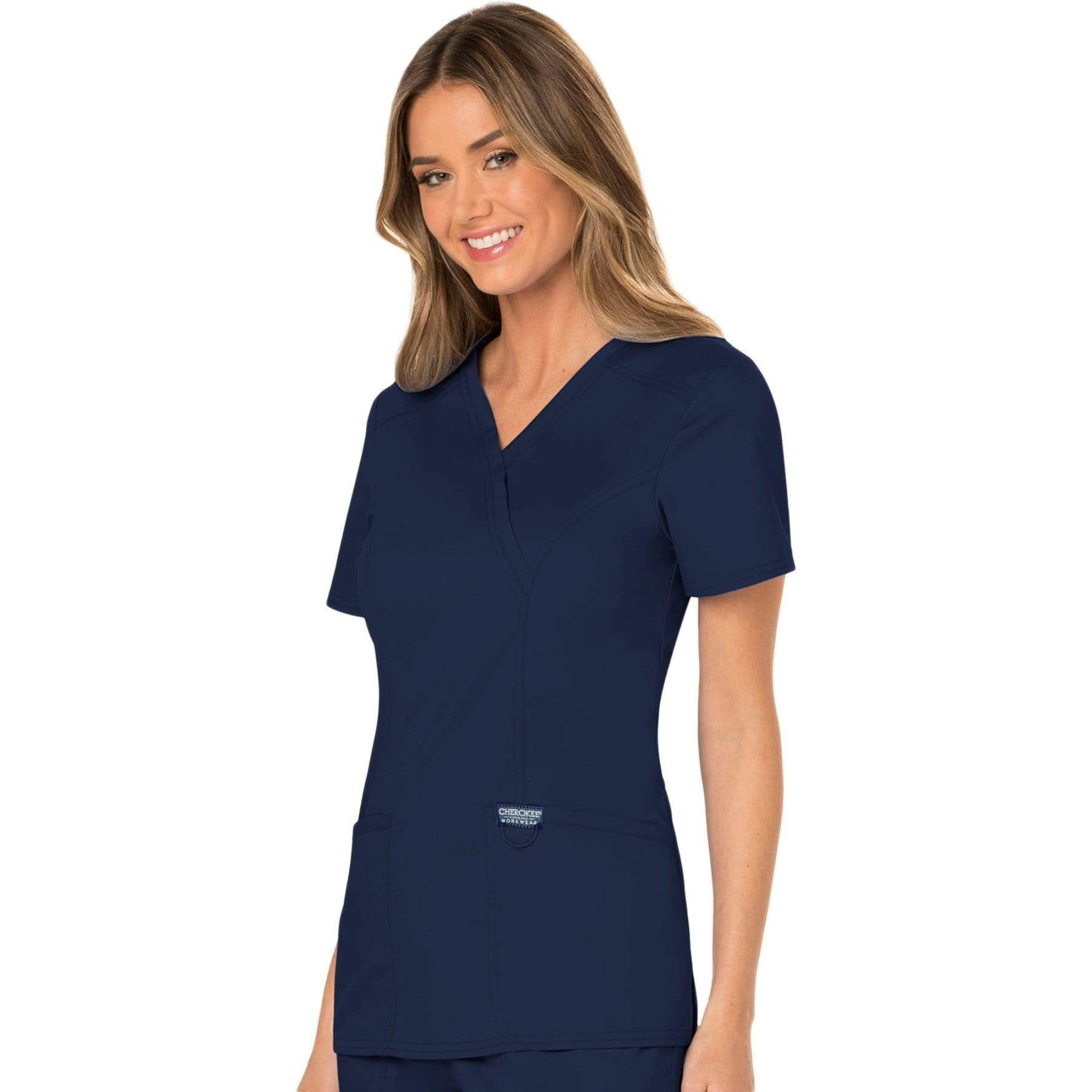 Cherokee Scrubs Top Cherokee Workwear Revolution WW610 Scrubs Top Womens Mock Wrap Navy