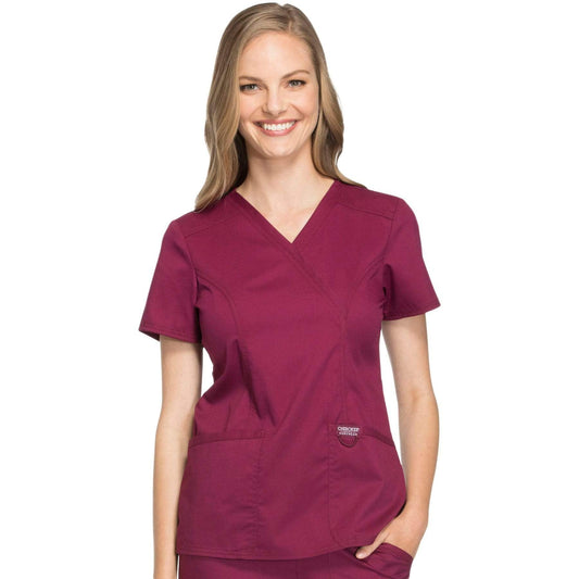 Cherokee Scrubs Top 2XL Cherokee Workwear Revolution WW610 Scrubs Top Womens Mock Wrap Wine
