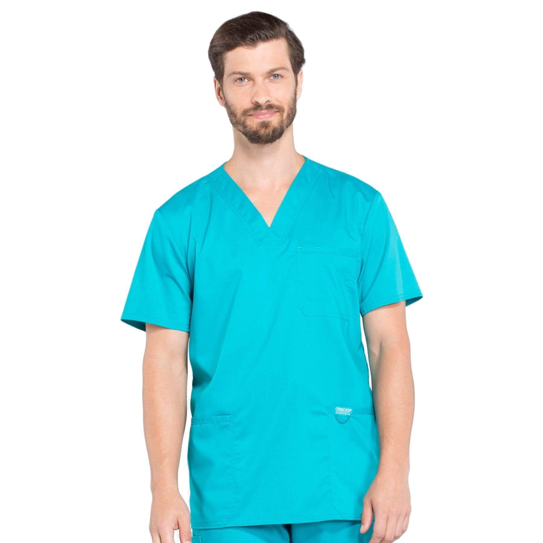 Cherokee Scrubs Top 2XL Cherokee Workwear Revolution WW670 Scrubs Top Mens V-Neck Teal Blue