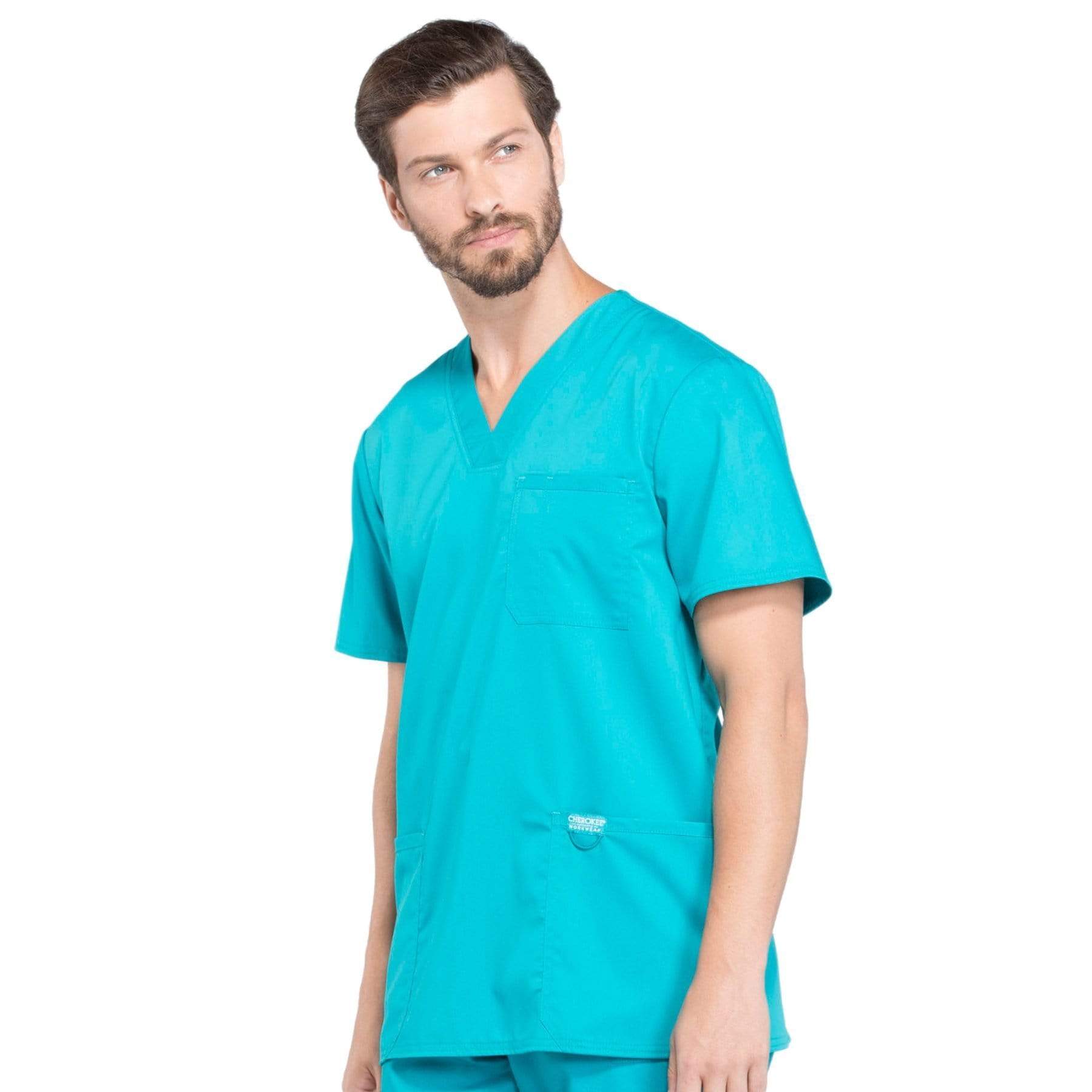 Cherokee Scrubs Top Cherokee Workwear Revolution WW670 Scrubs Top Mens V-Neck Teal Blue
